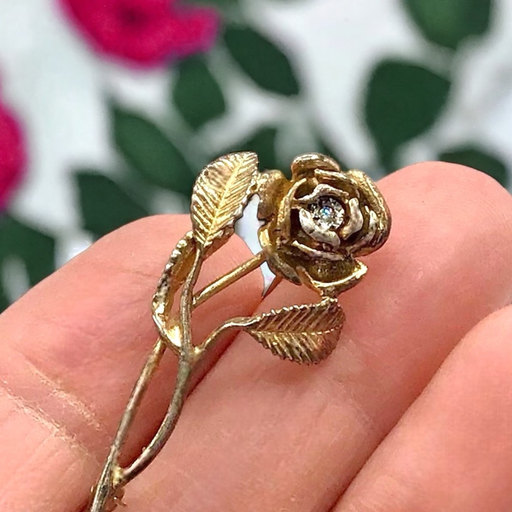 🌺 Vintage Gold/925 Natural Diamond Rose Brooch
